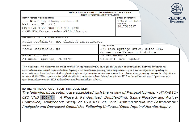 FDA 483 - Kasia Osadzinska, MD [Altamonte Springs / United States of America] - Download PDF - Redica Systems