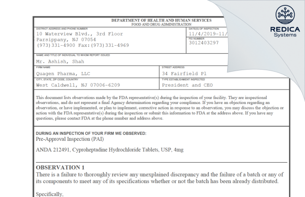 FDA 483 - QUAGEN PHARMACEUTICALS LLC [West Caldwell / United States of America] - Download PDF - Redica Systems