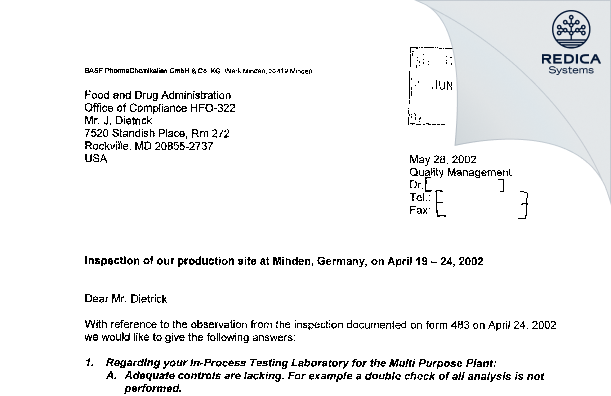 FDA 483 Response - Siegfried PharmaChemikalien Minden Gmbh [Minden / Germany] - Download PDF - Redica Systems