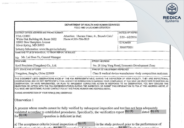 FDA 483 - Krell Precision (Yangzhou) Co Ltd [Yangzhou / China] - Download PDF - Redica Systems