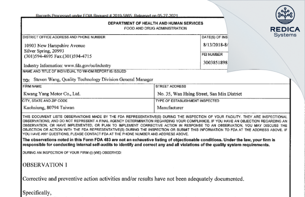 FDA 483 - Kwang Yang Motor Co., Ltd. [Kaohsiung City / Taiwan] - Download PDF - Redica Systems