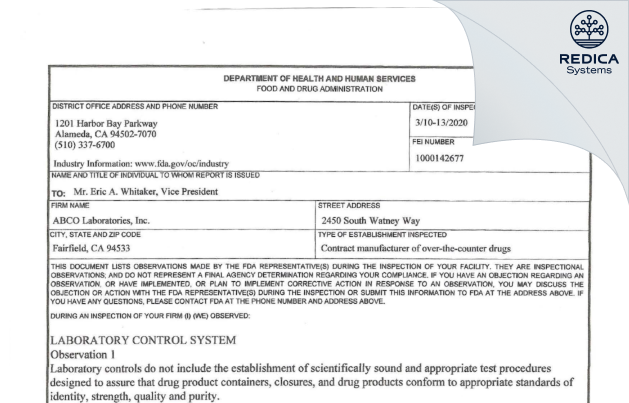 FDA 483 - ABCO Laboratories, Inc [Fairfield / United States of America] - Download PDF - Redica Systems