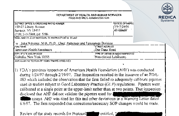 FDA 483 - American Health Foundation [Valhalla / United States of America] - Download PDF - Redica Systems