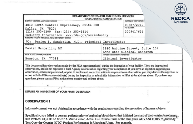 FDA 483 - Damien Sanderlin, MD [Houston / United States of America] - Download PDF - Redica Systems