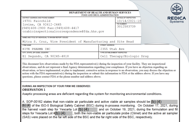 FDA 483 - KITE PHARMA, INC. [El Segundo California / United States of America] - Download PDF - Redica Systems