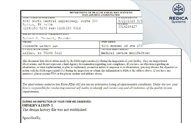 FDA 483 - Curewave Lasers LLC [Dallas / United States of America] - Download PDF - Redica Systems