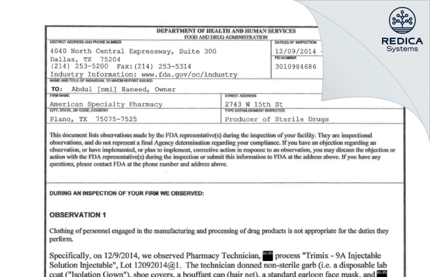 FDA 483 - American Specialty Pharmacy [Plano / United States of America] - Download PDF - Redica Systems