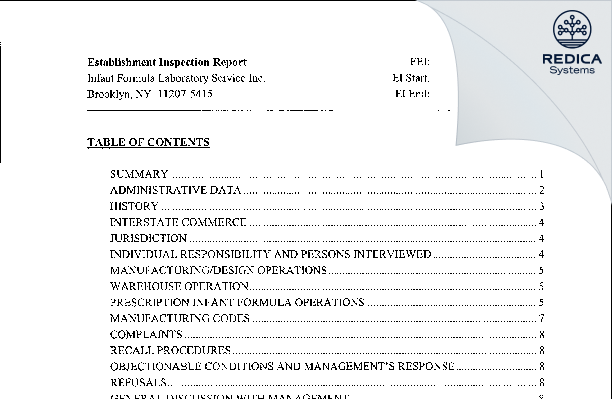 EIR - Infant Formula Laboratory Service Inc. [Brooklyn / United States of America] - Download PDF - Redica Systems