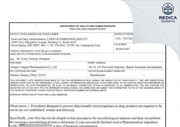 FDA 483 - Jiangsu YongAn Pharmaceutical Co., Ltd [Huaian / China] - Download PDF - Redica Systems