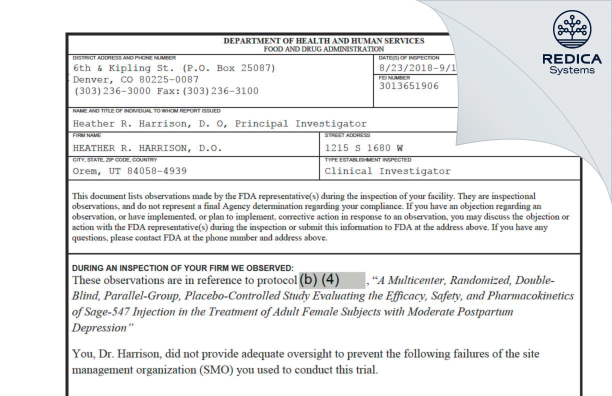 FDA 483 - HEATHER R. HARRISON, D.O. [Provo / United States of America] - Download PDF - Redica Systems
