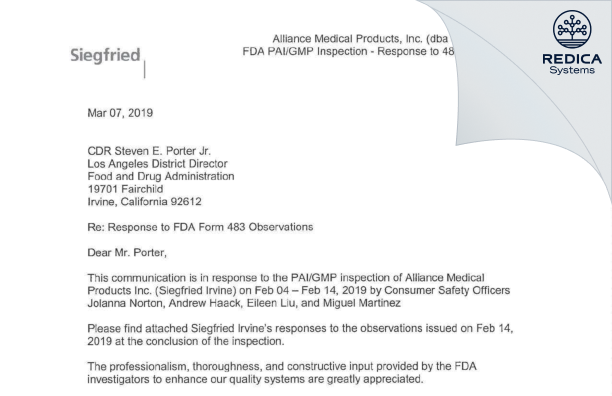 FDA 483 Response - Alliance Medical Products, Inc. (dba Siegfried Irvine) [Irvine / United States of America] - Download PDF - Redica Systems