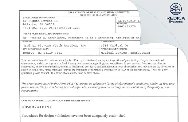 FDA 483 - Greiner Bio-One North America, Inc. [Monroe / United States of America] - Download PDF - Redica Systems