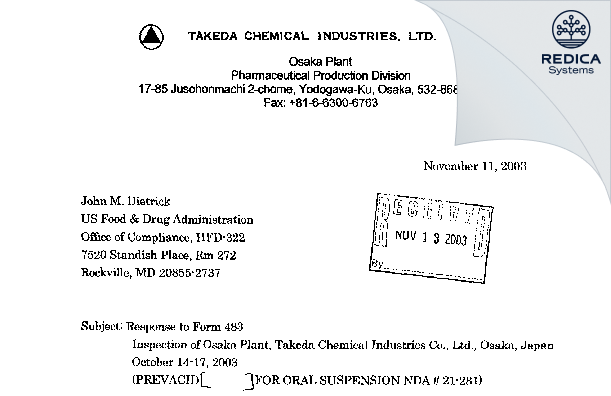 FDA 483 Response - Takeda Giken Service, Ltd. [Osaka / Japan] - Download PDF - Redica Systems