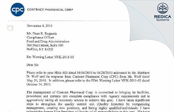 FDA 483 Response - Contract Pharmacal Corp. [New York / United States of America] - Download PDF - Redica Systems