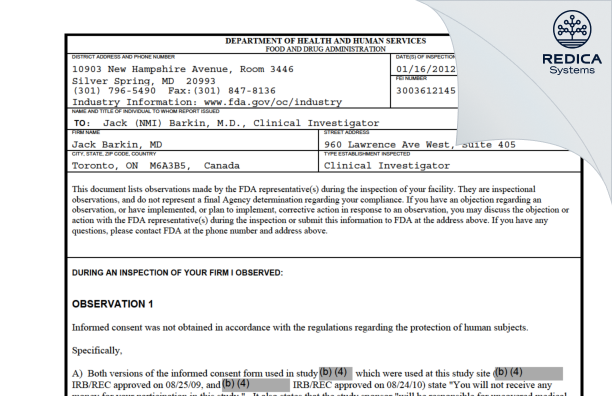 FDA 483 - Jack Barkin, MD [North York / Canada] - Download PDF - Redica Systems