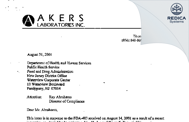 FDA 483 Response - Akers Biosciences, Inc. [Thorofare / United States of America] - Download PDF - Redica Systems