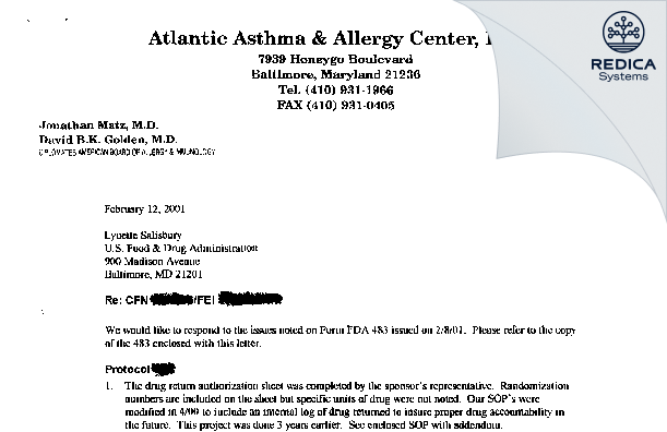 FDA 483 Response - Matz, Jonathan MD [Baltimore / United States of America] - Download PDF - Redica Systems