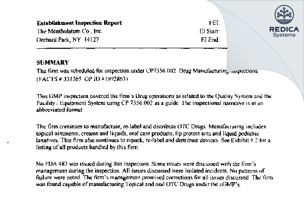EIR - Mentholatum Company, The [New York / United States of America] - Download PDF - Redica Systems