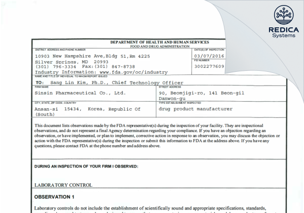 FDA 483 - Sinsin Pharmaceutical Co., Ltd. [- / Korea (Republic of)] - Download PDF - Redica Systems
