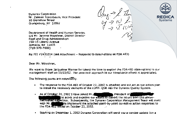 FDA 483 Response - Dynarex Corporation [Orangeburg / United States of America] - Download PDF - Redica Systems