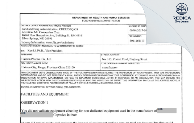 FDA 483 - Haimen Pharma Inc. [China / China] - Download PDF - Redica Systems