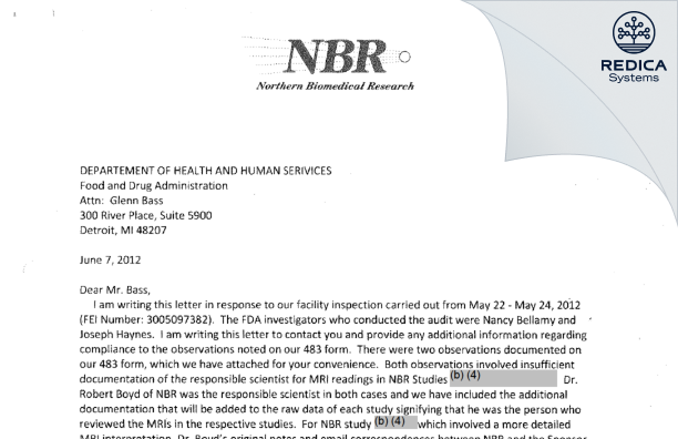 FDA 483 Response - Northern Biomedical Research, Inc. [Norton Shores / United States of America] - Download PDF - Redica Systems