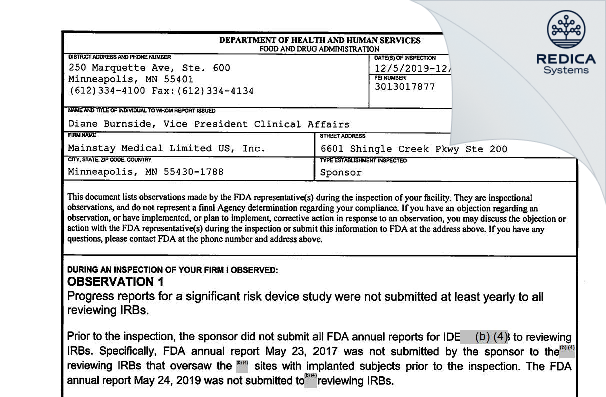 FDA 483 - Mainstay Medical Limited US, Inc. [Minneapolis / United States of America] - Download PDF - Redica Systems