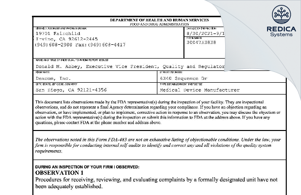 FDA 483 - Dexcom, Inc. [San Diego / United States of America] - Download PDF - Redica Systems