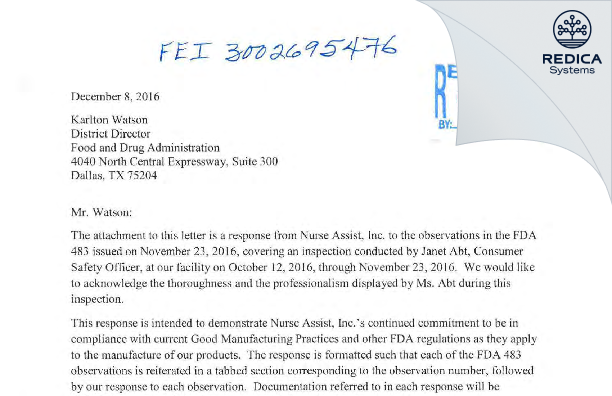 FDA 483 Response - Nurse Assist, LLC [Haltom City / United States of America] - Download PDF - Redica Systems