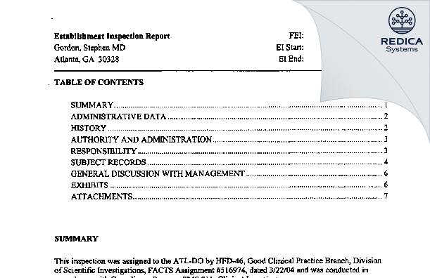 EIR - Gordon, Stephen MD [Atlanta / United States of America] - Download PDF - Redica Systems