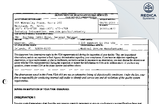 FDA 483 - Endotec, Inc. [Santa Fe Springs / United States of America] - Download PDF - Redica Systems