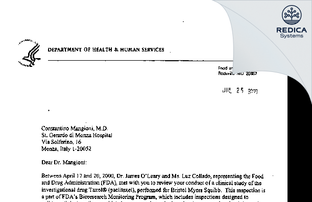 FDA 483 Response - Dr. Constantino Mangioni, MD [Monza / Italy] - Download PDF - Redica Systems
