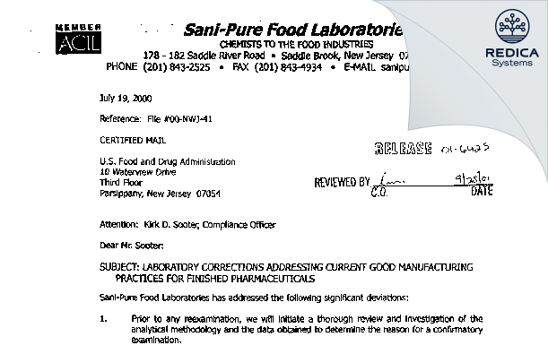 FDA 483 Response - Sani-pure Food Laboratories Llc [Saddle Brook / United States of America] - Download PDF - Redica Systems