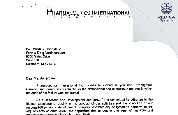 FDA 483 Response - Pharmaceutics International, Inc. [Hunt Valley Maryland / United States of America] - Download PDF - Redica Systems