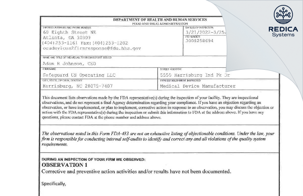 FDA 483 - Safeguard US Operating LLC [Harrisburg / United States of America] - Download PDF - Redica Systems