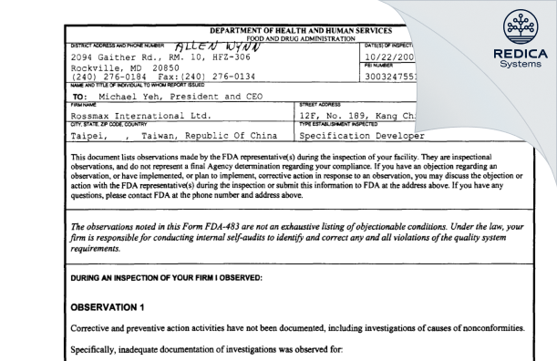 FDA 483 - Rossmax International Ltd. [Nei Hu Qu / Taiwan] - Download PDF - Redica Systems