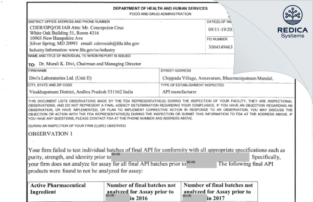 FDA 483 - DIVI'S LABORATORIES LIMITED [India / India] - Download PDF - Redica Systems