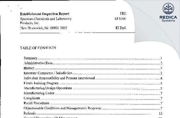 EIR - SPECTRUM LABORATORY PRODUCTS INC. dba SPECTRUM CHEMICAL MFG. CORP. [Jersey / United States of America] - Download PDF - Redica Systems