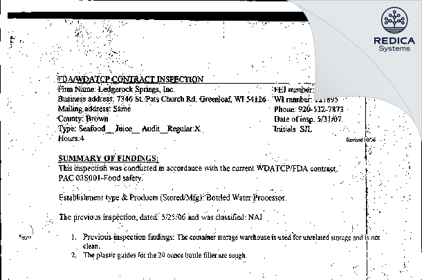 EIR - Ledgerock Springs, Inc. [Greenleaf / United States of America] - Download PDF - Redica Systems