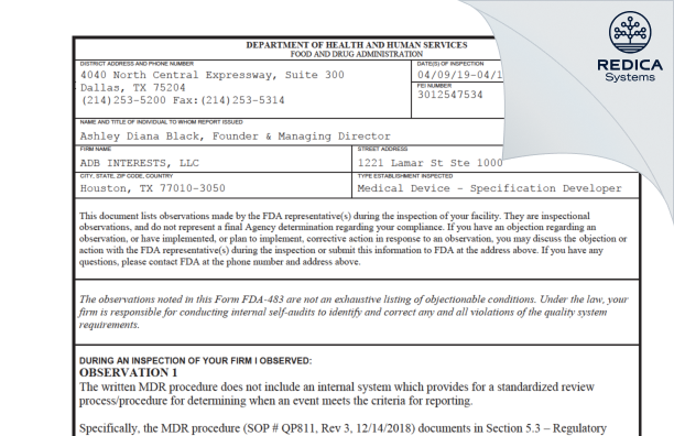 FDA 483 - ADB INTERESTS, LLC [Houston / United States of America] - Download PDF - Redica Systems