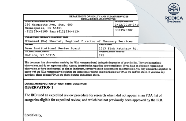 FDA 483 - Dean Institutional Review Board [Madison / United States of America] - Download PDF - Redica Systems