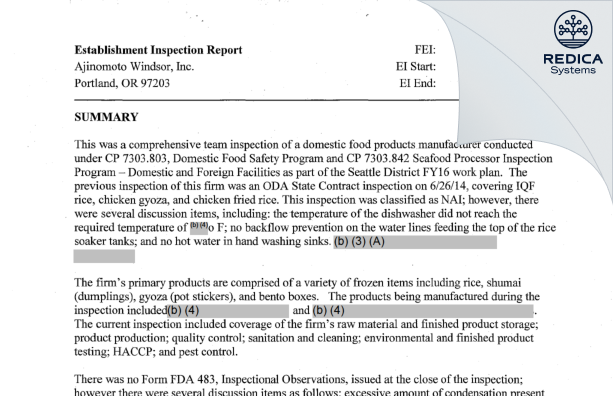 EIR - Ajinomoto Foods North America, Inc. [Portland / United States of America] - Download PDF - Redica Systems