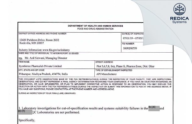 FDA 483 - Symbiotec Pharmalab Private Limited [India / India] - Download PDF - Redica Systems