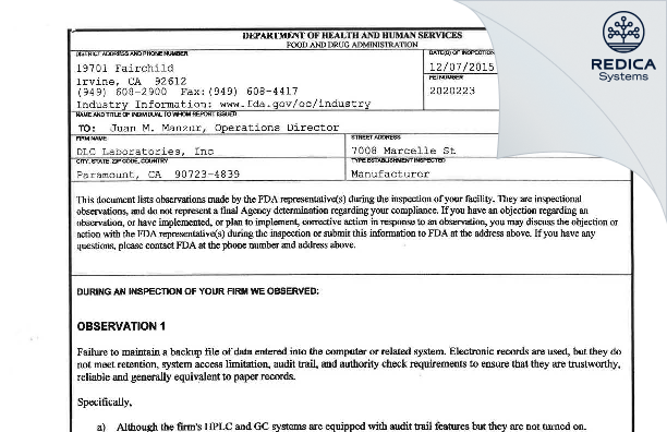 FDA 483 - DLC Laboratories, Inc. [Paramount / United States of America] - Download PDF - Redica Systems