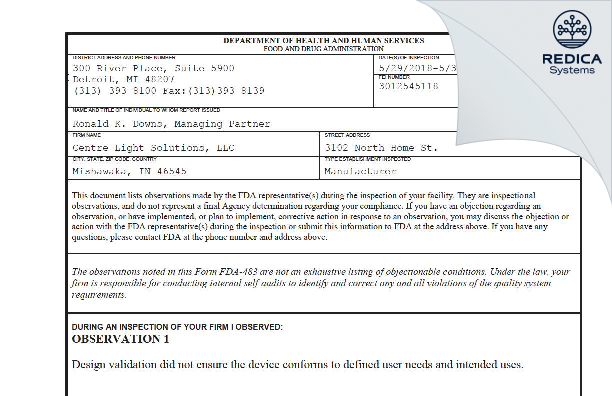 FDA 483 - Centre Light Solutions, LLC [Mishawaka / United States of America] - Download PDF - Redica Systems