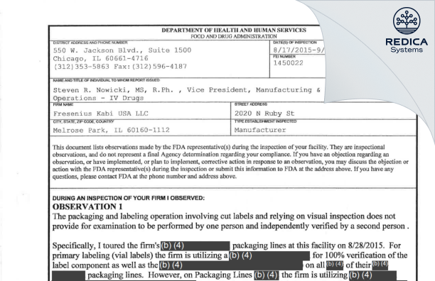 FDA 483 - Fresenius Kabi USA, LLC [Melrose Park Illinois / United States of America] - Download PDF - Redica Systems