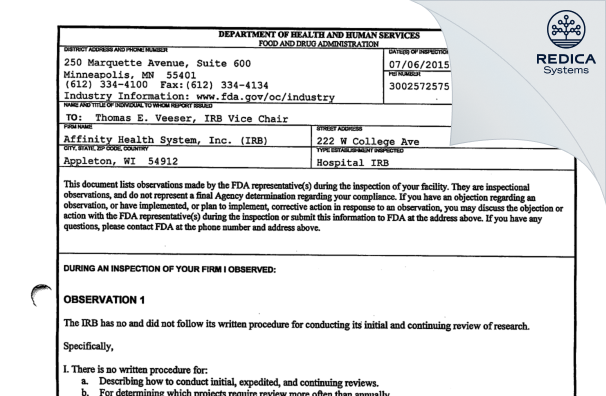 FDA 483 - Affinity Health System, Inc. (IRB) [Appleton / United States of America] - Download PDF - Redica Systems