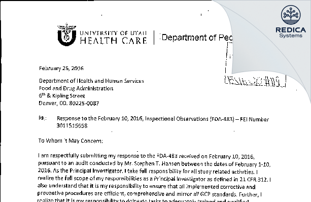 FDA 483 Response - Holly L. Spraker, M.D. [Salt Lake City / United States of America] - Download PDF - Redica Systems
