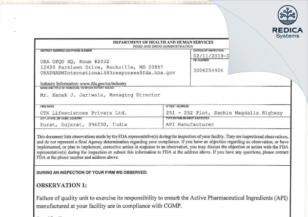 FDA 483 - CTX Lifesciences Pvt. Ltd. [Sachin / India] - Download PDF - Redica Systems