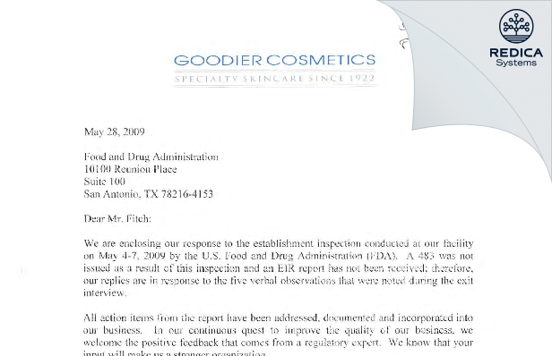 FDA 483 Response - Goodier Cosmetics [Dallas / United States of America] - Download PDF - Redica Systems
